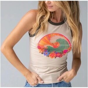 Natural Life Wave Floral Graphic Tank Top Tan Women's Medium Sustainable Hippie
